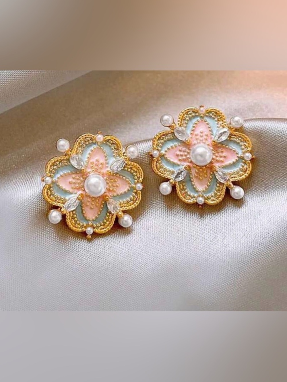 Elegant Gold Floral Pearl Earrings in Pink & Mint - Women Jewelry